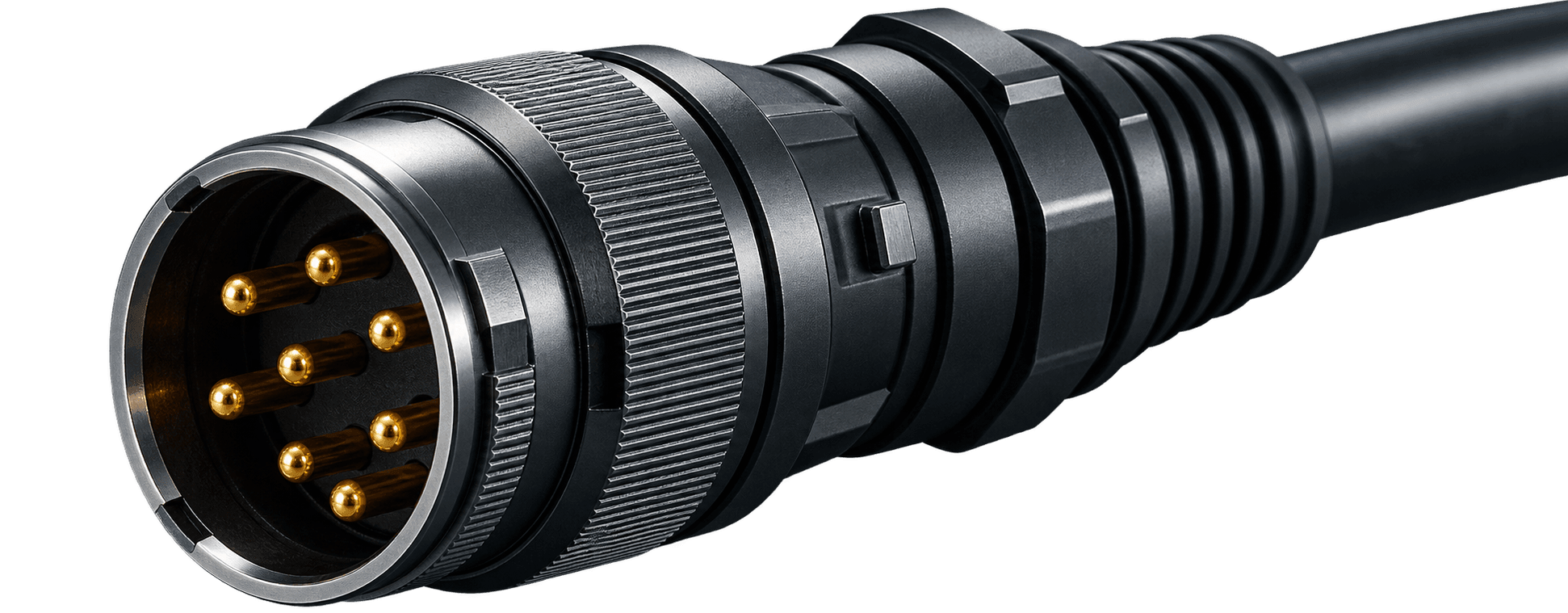 Circular interconnect connector with a knurled coupling ring, gold-plated contacts and moulded cable entry
