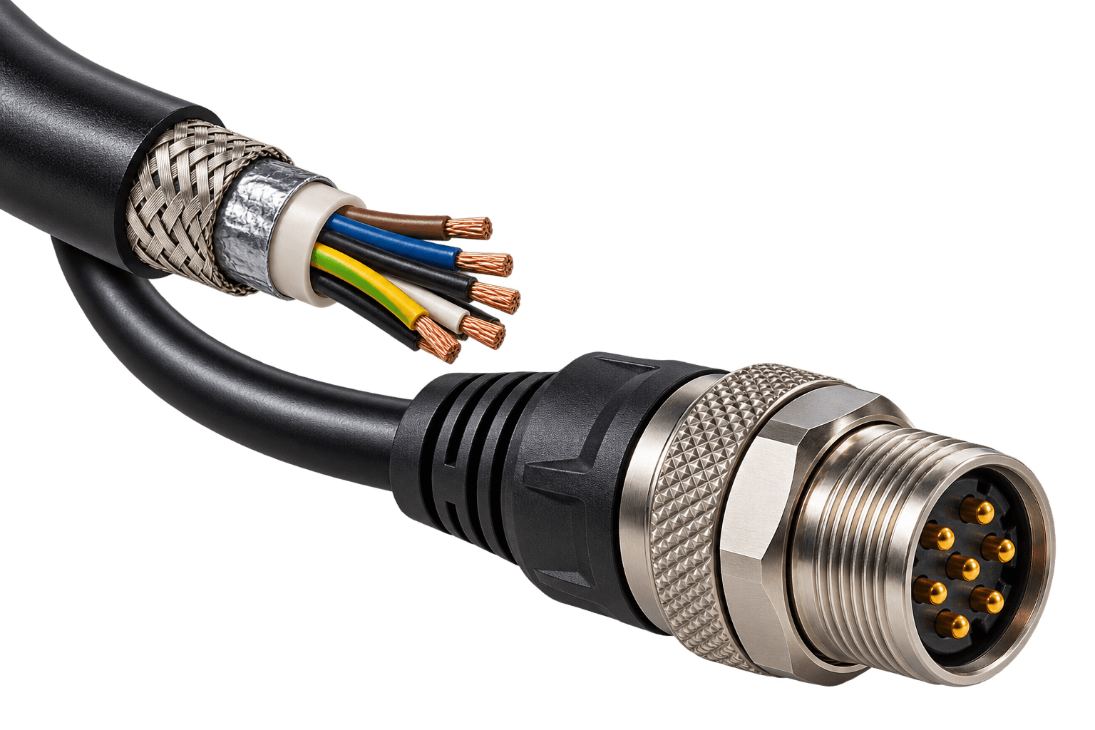A shielded multi-conductor cable opened up — the black jacket, the metal braid, the foil and the inner sheath stepped back to expose the individually insulated copper cores — with the same cable running on into the strain relief, the coupling and the seven contacts of a circular industrial connector.